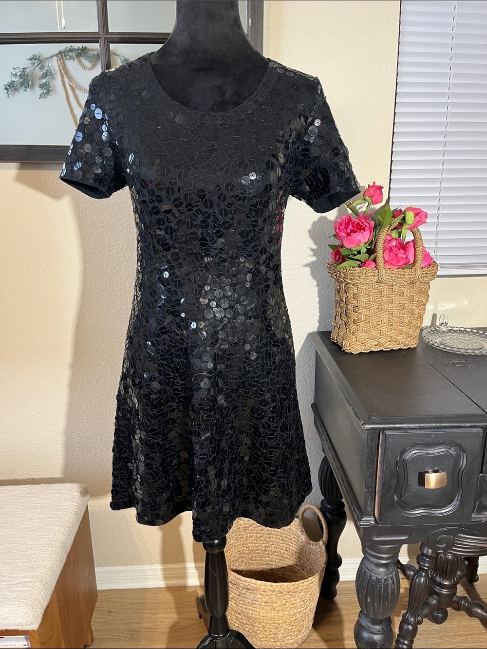 Black Sequin Short Sleeve Mini Dress